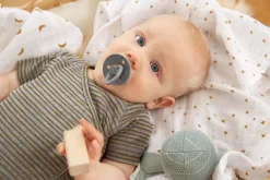 Baby Body kurzarm - Bio Baumwolle, Streifen, Grau meliert
