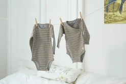 Baby Body langarm - Bio Baumwolle, Streifen, Grau meliert