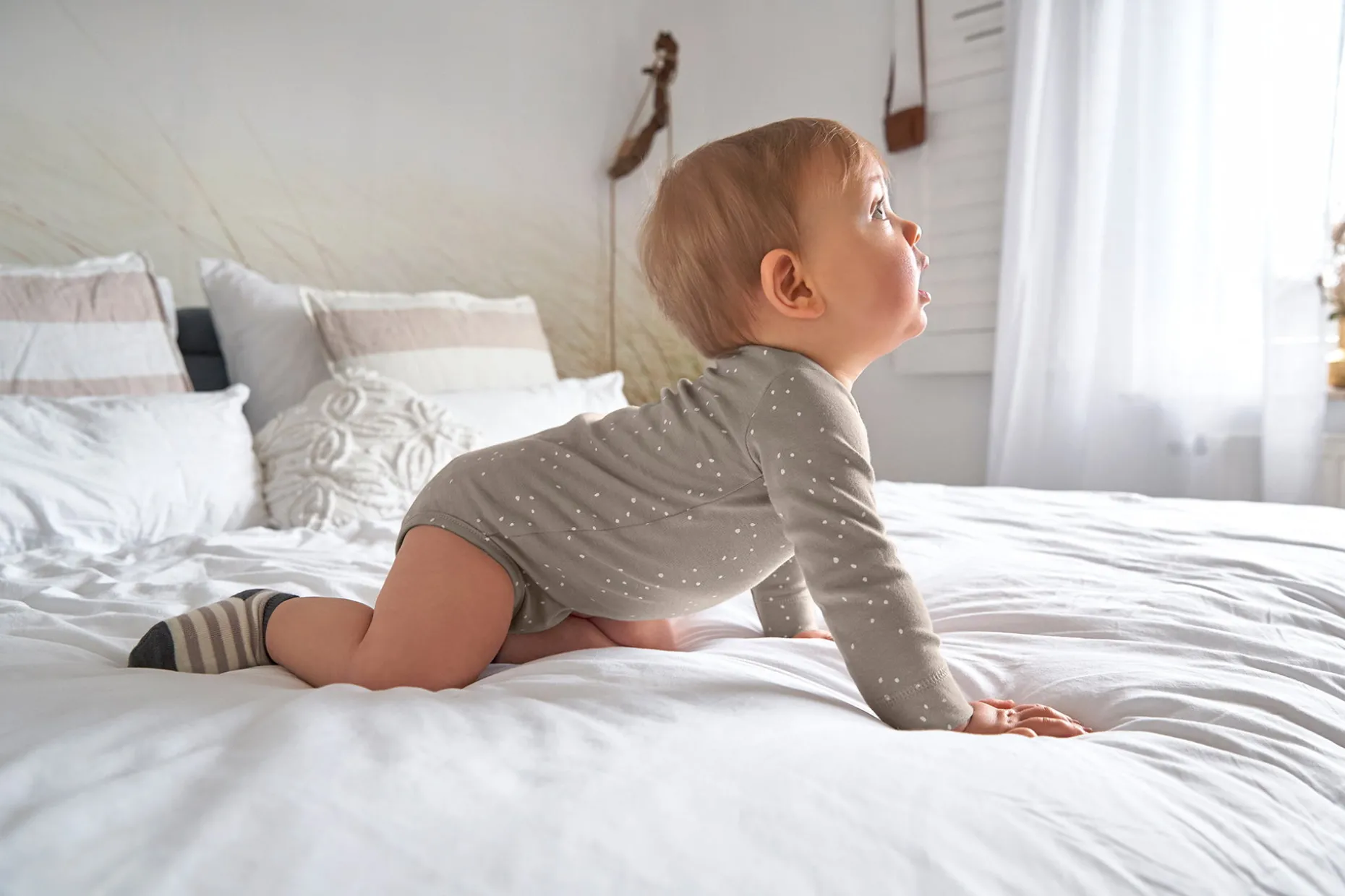 Baby Wickelbody langarm - Bio Baumwolle, Punkte, Taupe