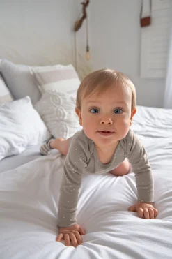 Baby Wickelbody langarm - Bio Baumwolle, Punkte, Taupe