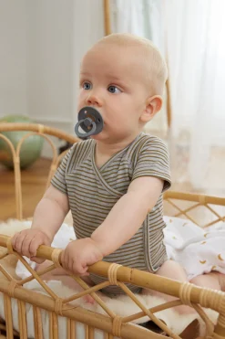 Baby Wickelbody langarm - Bio Baumwolle, Streifen, Grau meliert