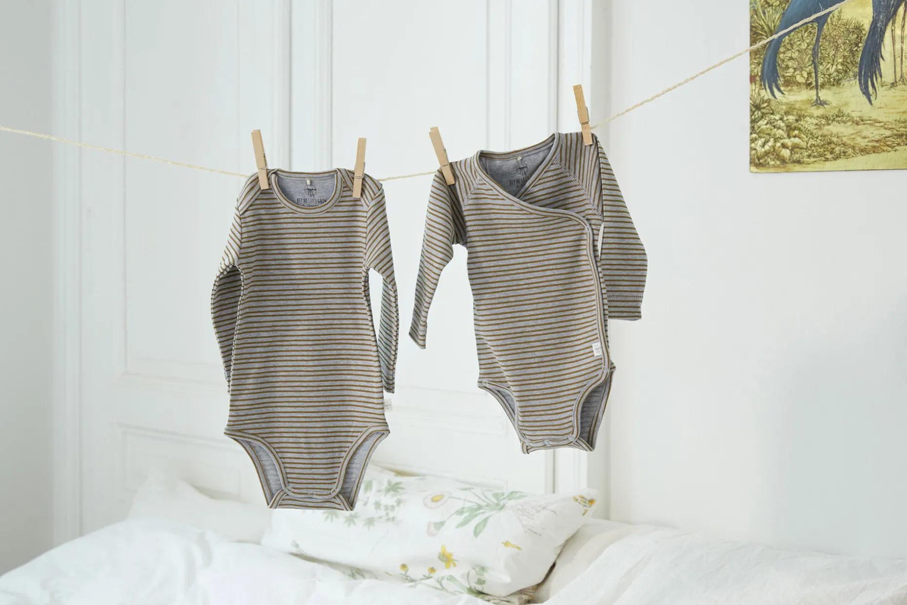 Baby Wickelbody langarm - Bio Baumwolle, Streifen, Grau meliert