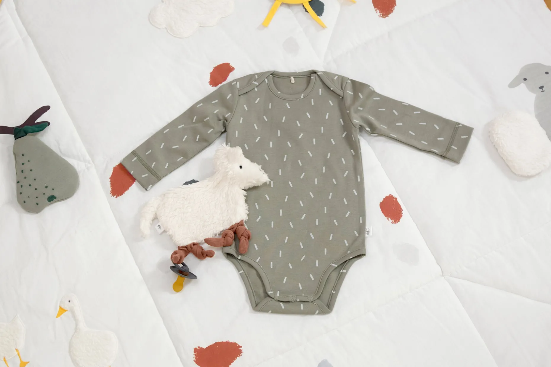 Baby Wickelbody langarm - Bio Baumwolle, Striche, Oliv