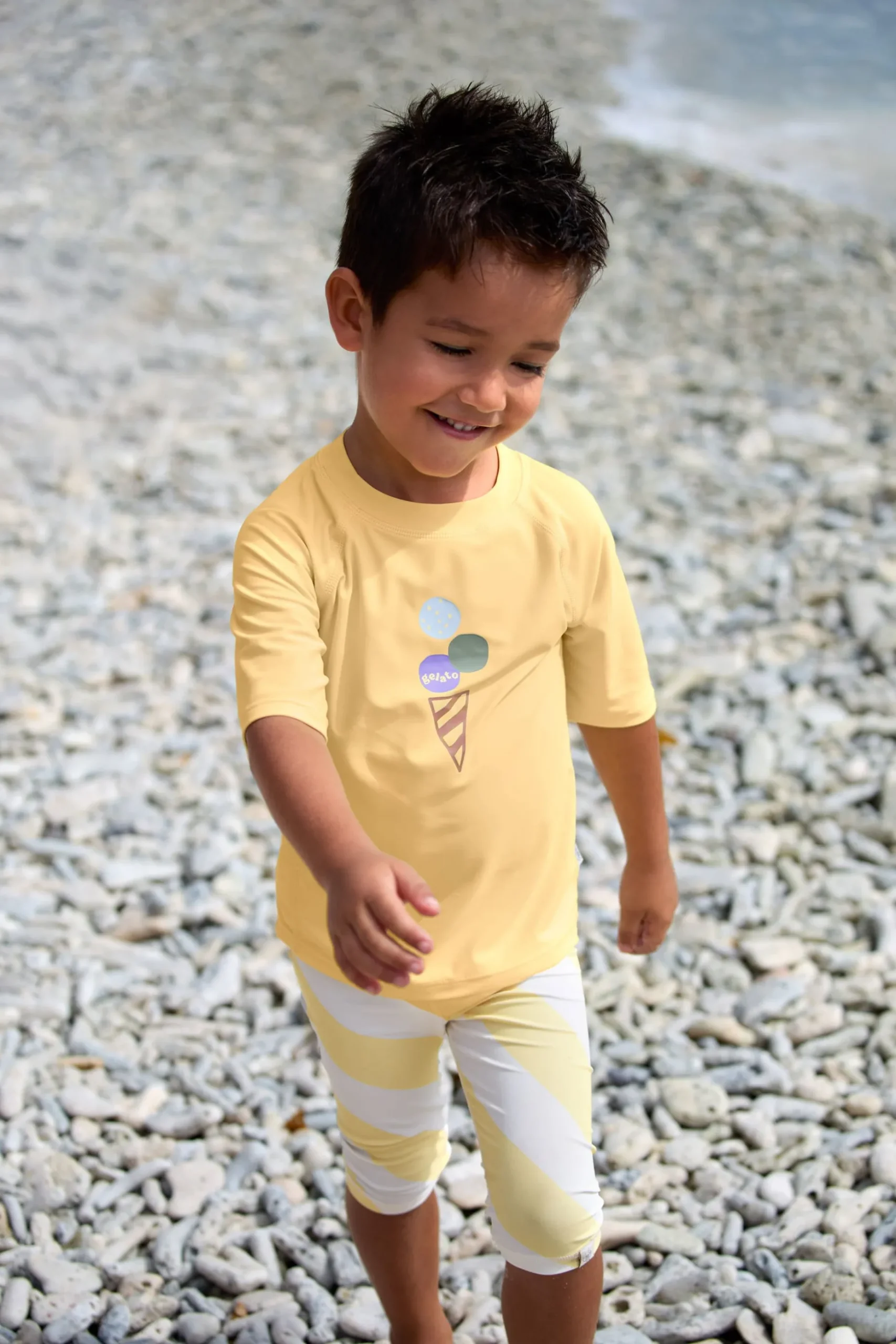 Badehose Baby Kurz (UV-Schutz & Windel) - Streifen, Gelb Weiß