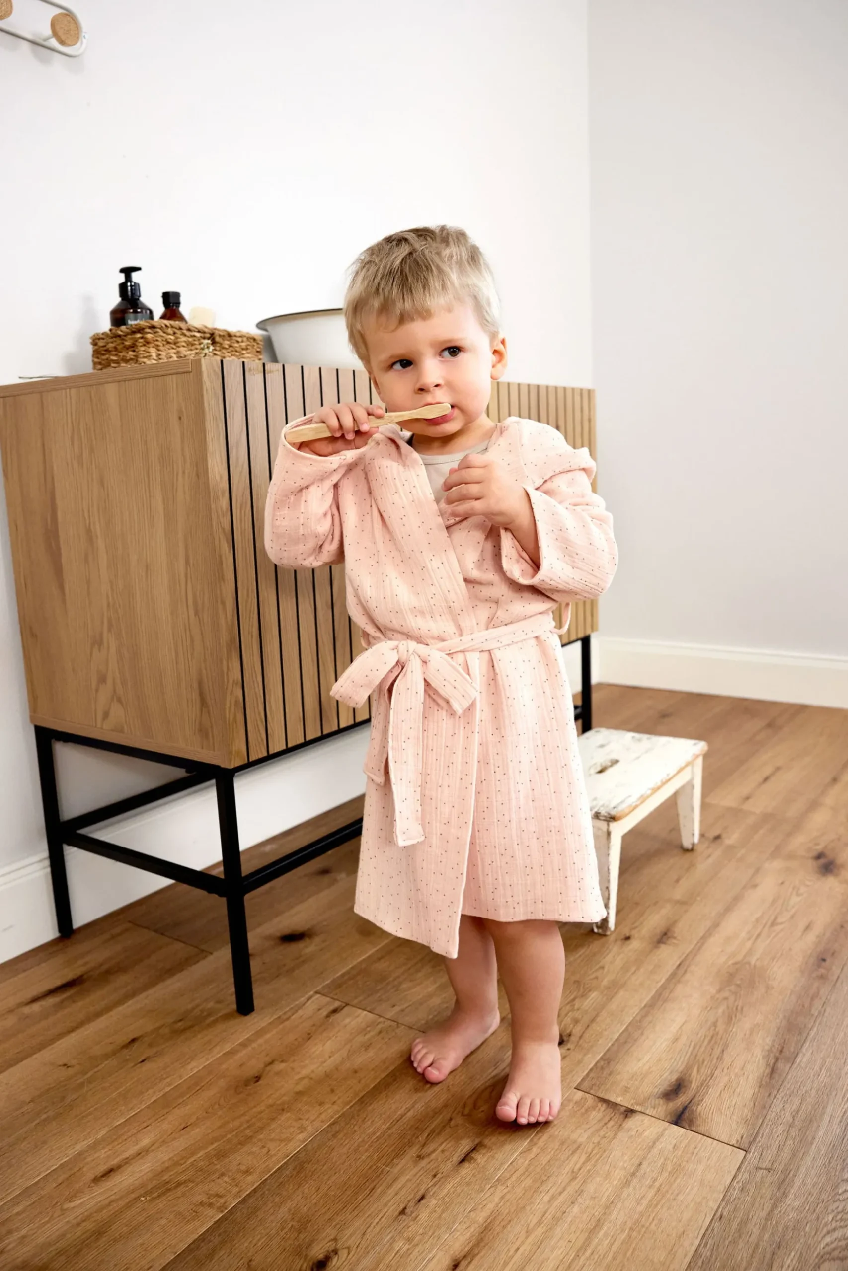 Bademantel Kinder aus Musselin - Punkte, Rosa