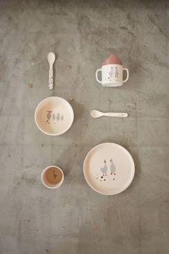 Kindergeschirr Set (Teller - Schüssel - Becher - Löffel) - Tiny Farmer Schaf & Gans, Beige