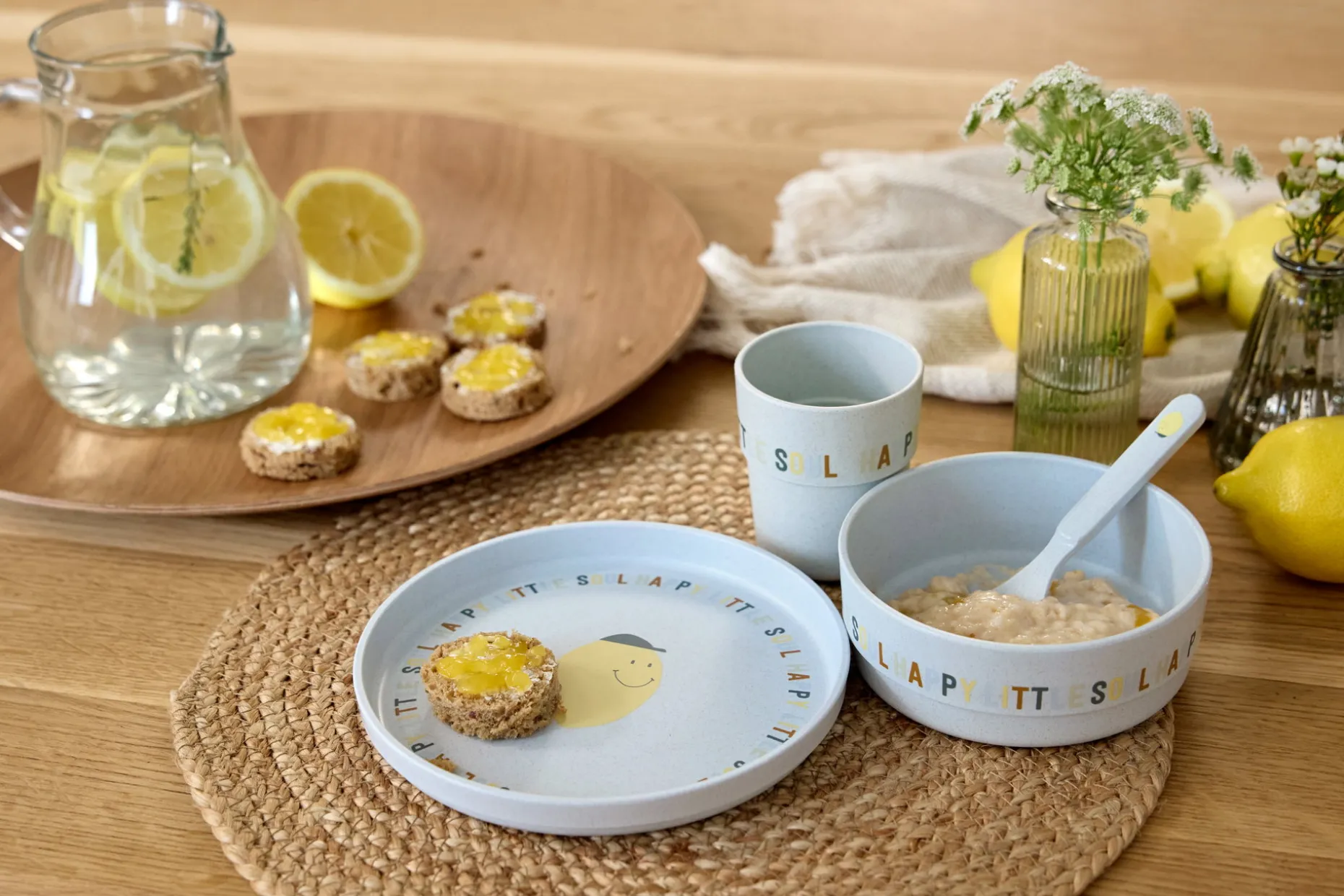 Kindergeschirr Set (Teller - Schüssel - Becher - Löffel) - Happy Fruits, Zitrone