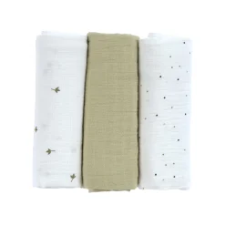 Mulltücher 3er Set 85 x 85 cm - Bio Baumwolle, Blätter Oliv