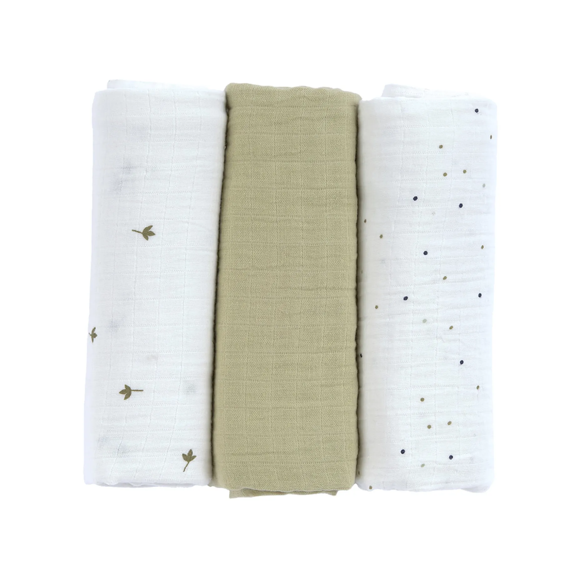 Mulltücher 3er Set 85 x 85 cm - Bio Baumwolle, Blätter Oliv