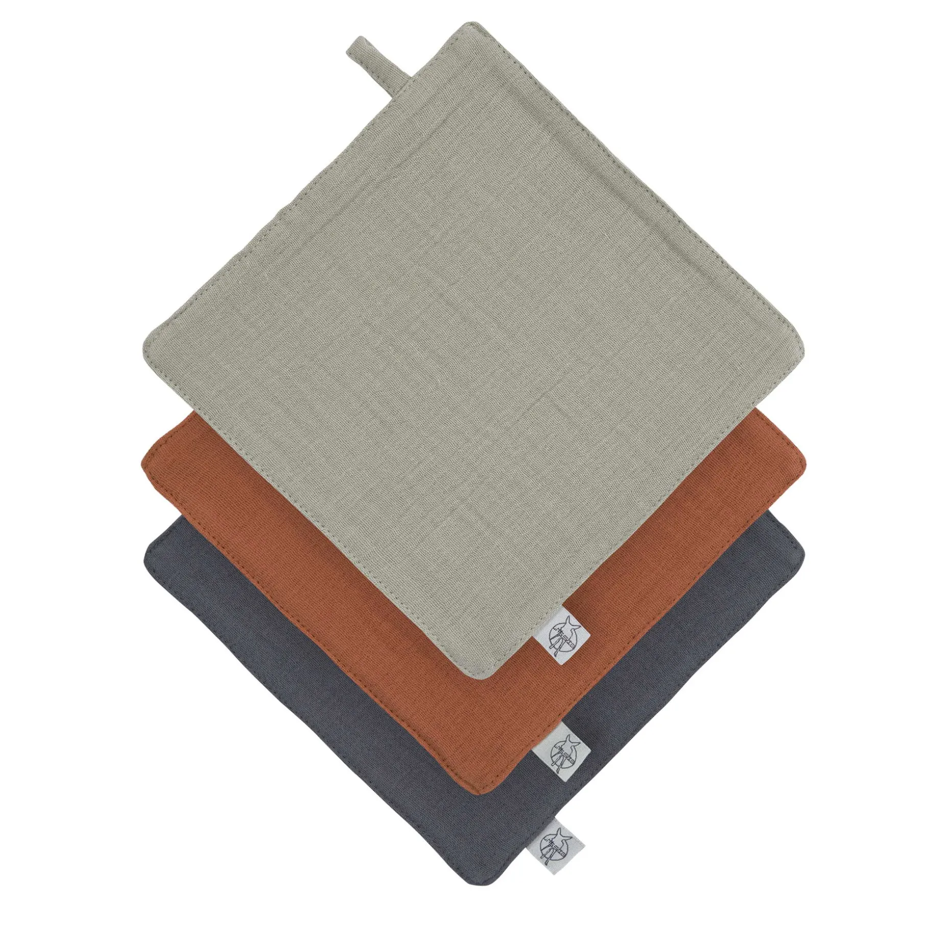 Mull Waschlappen Baby 3er Set, Oliv Rostrot Anthrazit
