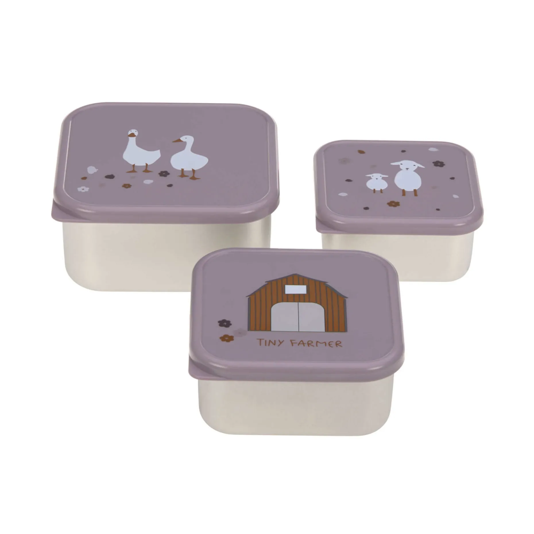 Snackbox Kinder (3er Set) - Edelstahl Brotdose, Tiny Farmer Lila