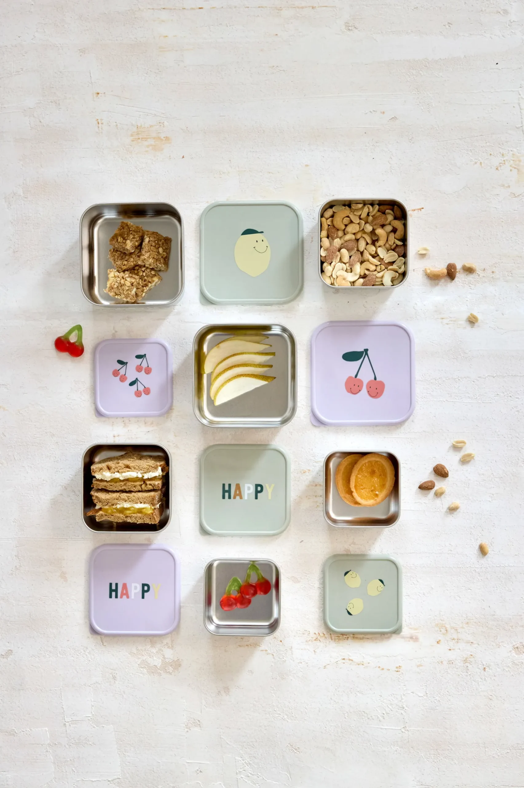 Snackbox Kinder (3er Set) - Edelstahl Brotdose, Happy Fruits, Zitrone