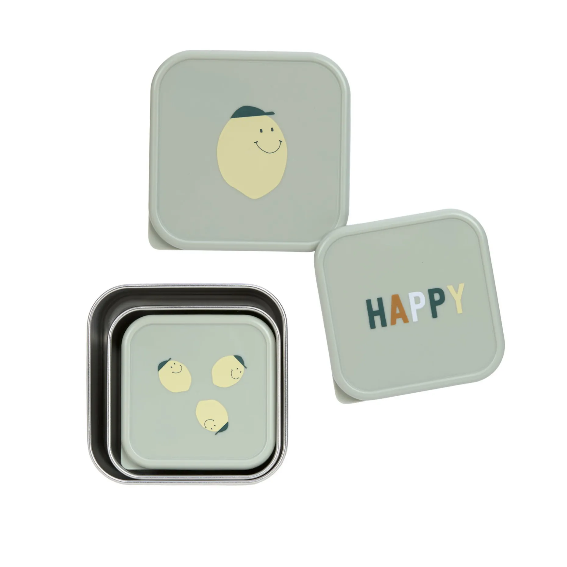 Snackbox Kinder (3er Set) - Edelstahl Brotdose, Happy Fruits, Zitrone